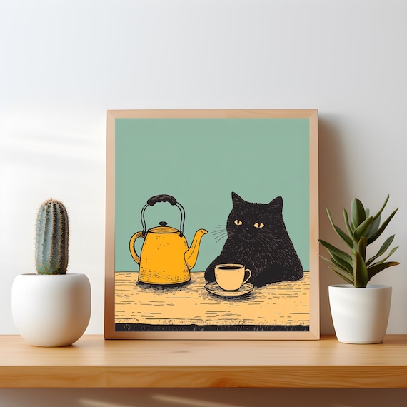 Black Cat Tea Time Retro Kitchen Illustration Square Wall Poster