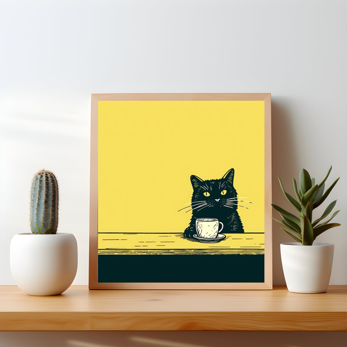 Black Cat with Coffee Cup Bold Yellow Pop Art Illustration Poster