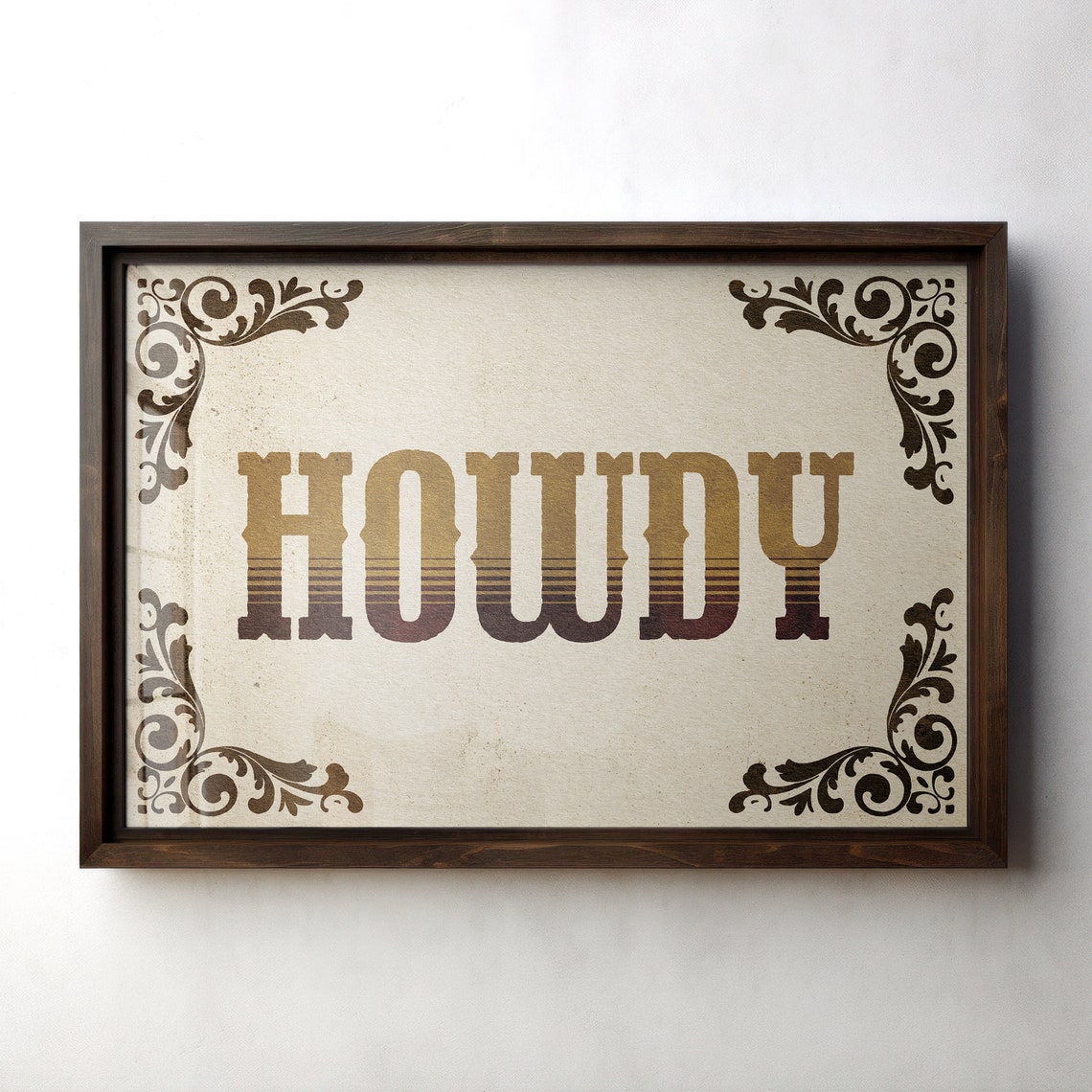 Vintage Tan Howdy Western Greeting Ornate Scroll Corner Poster