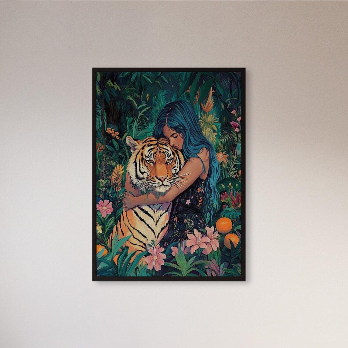 Woman Hugging Tiger In Colorful Jungle Fantasy Wildlife Art Poster