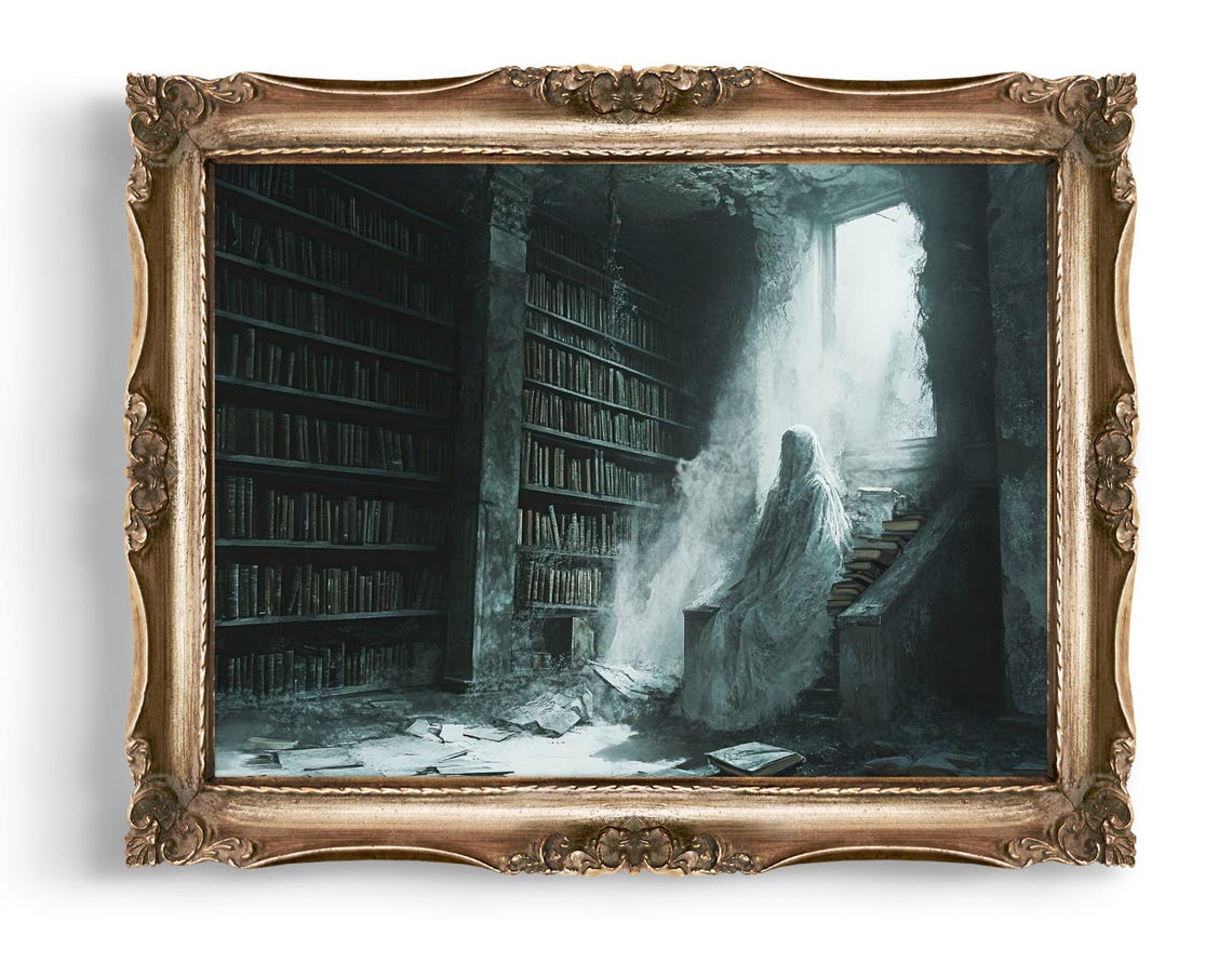 Vintage Creepy Library Wall Art Ghostly Figure Print Spectral Dark Academia Decor Gothic Home Spooky Hanging
