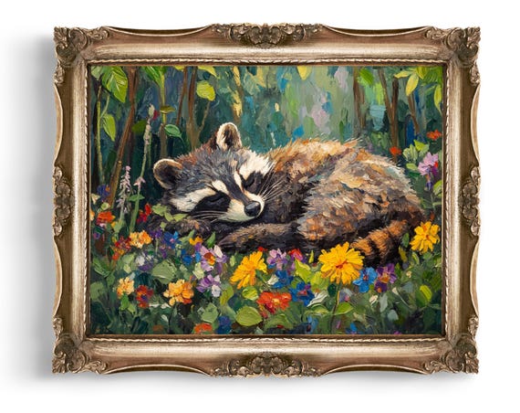 Raccoon Art Print Sleeping Animal Forest Wildlife Wall Decor Nature Inspired Artwork Cute Animals Home