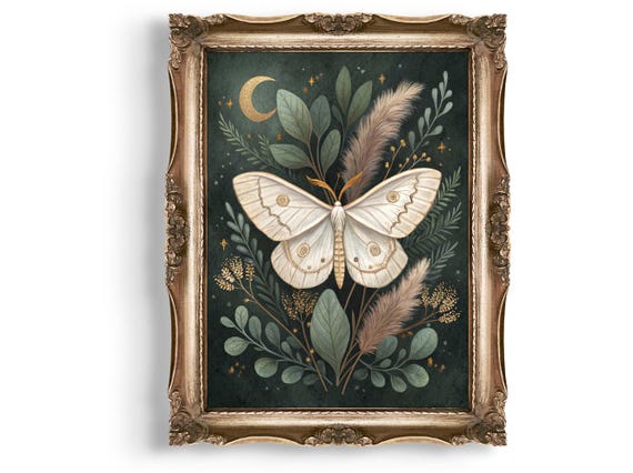Luna Moth Wall Art Botanical Print Celestial Nature Illustration Boho Decor Home