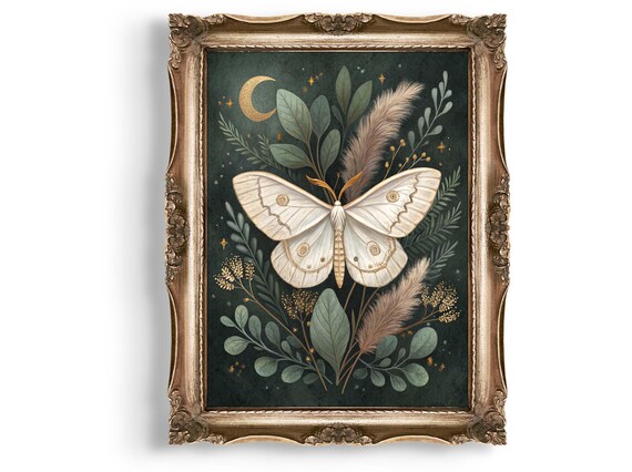 White Luna Moth Celestial Botanical Crescent Moon Night Art Print