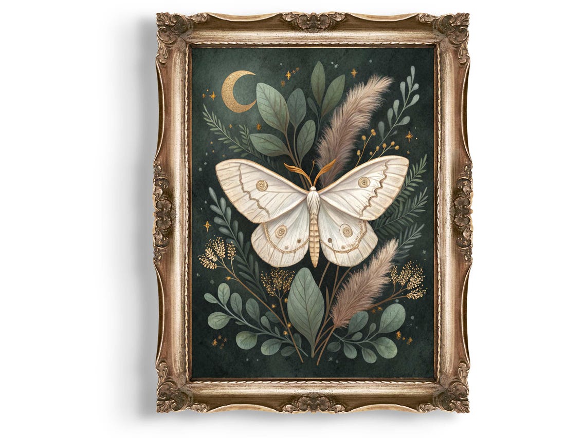 Luna Moth Wall Art Botanical Print Celestial Nature Illustration Boho Decor Home