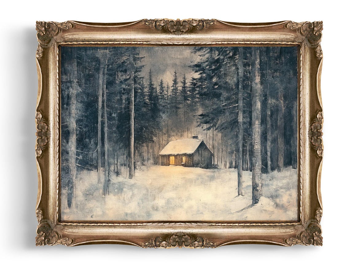Snowy Winter Cabin in Pine Forest Glowing Window Night Poster