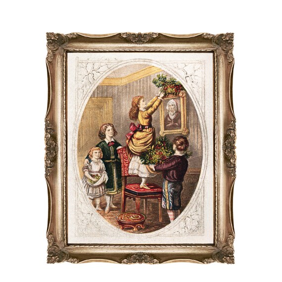 Victorian Children Decorating For Christmas Vintage Art Poster