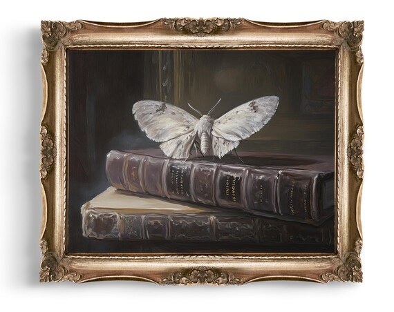 White Moth On Vintage Books Dark Academia Oil Painting Print
