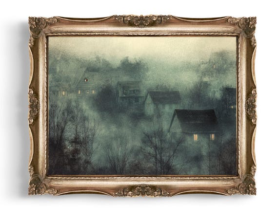 Moody Village Downloads Foggy Houses Wall Art Spooky Eye Dark Fantasy Prints Decor