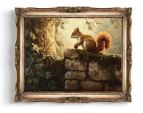 Red Squirrel on a Mossy Stone Wall with Acorn Autumn Forest Poster