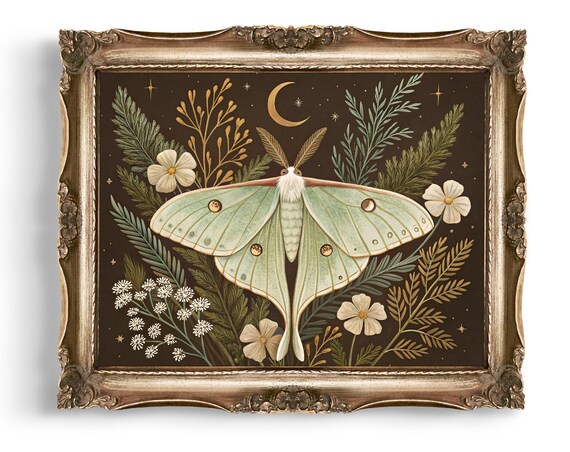 Luna Moth Celestial Crescent Moon White Flowers Night Art Poster
