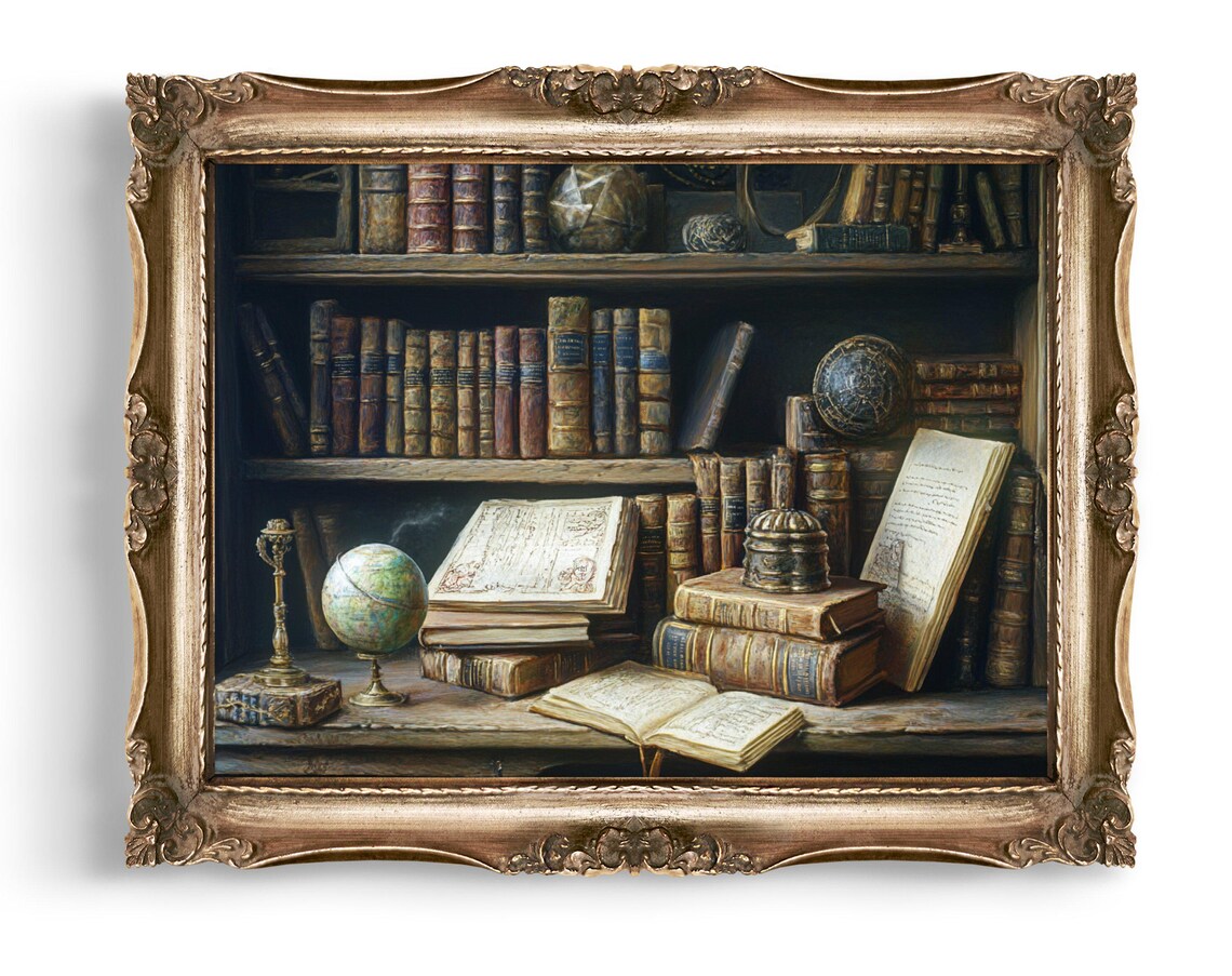 Vintage Library Bookshelf Antique Globe Open Books Art Poster
