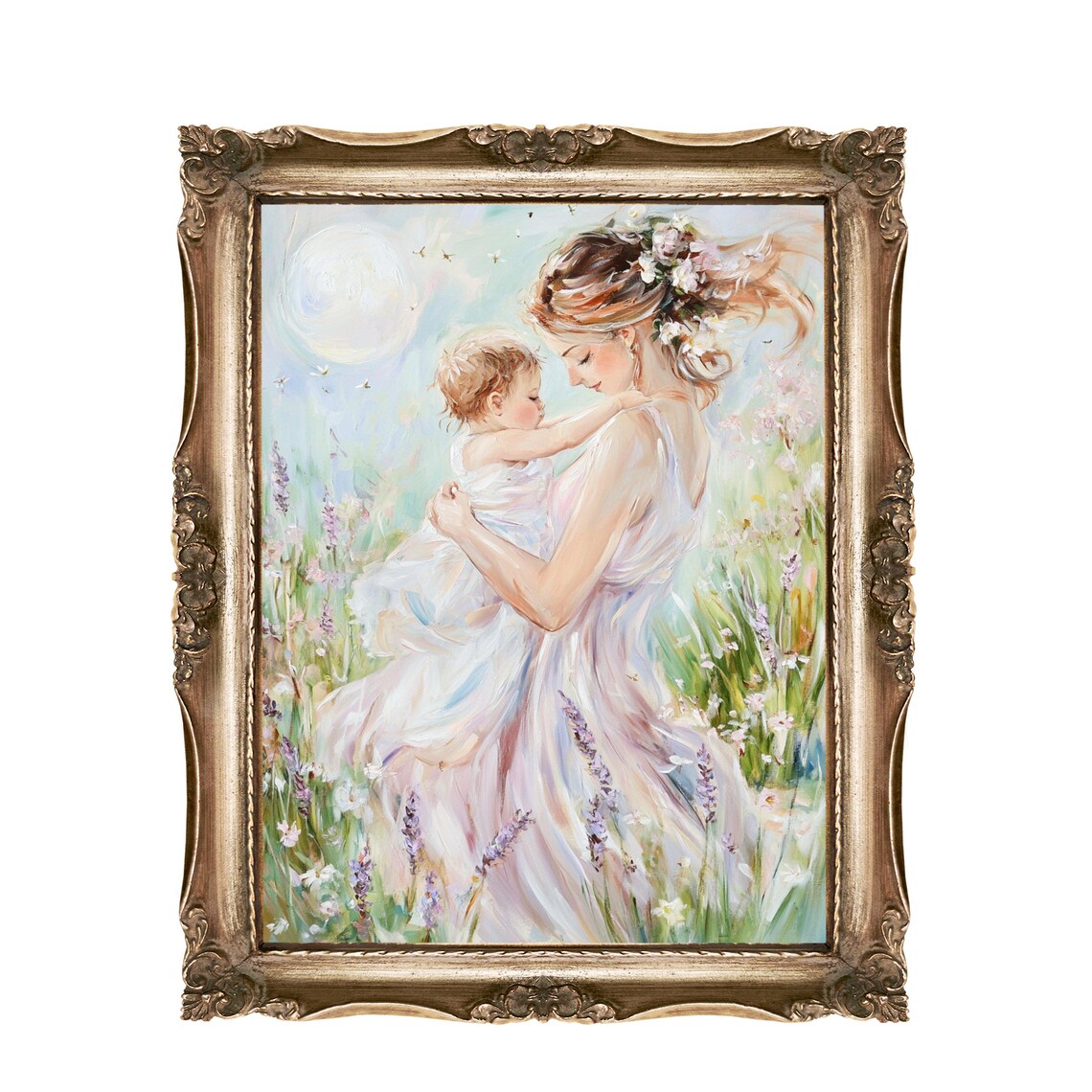 Mother Twirling Child Lavender Meadow Soft Pastel Painting Poster