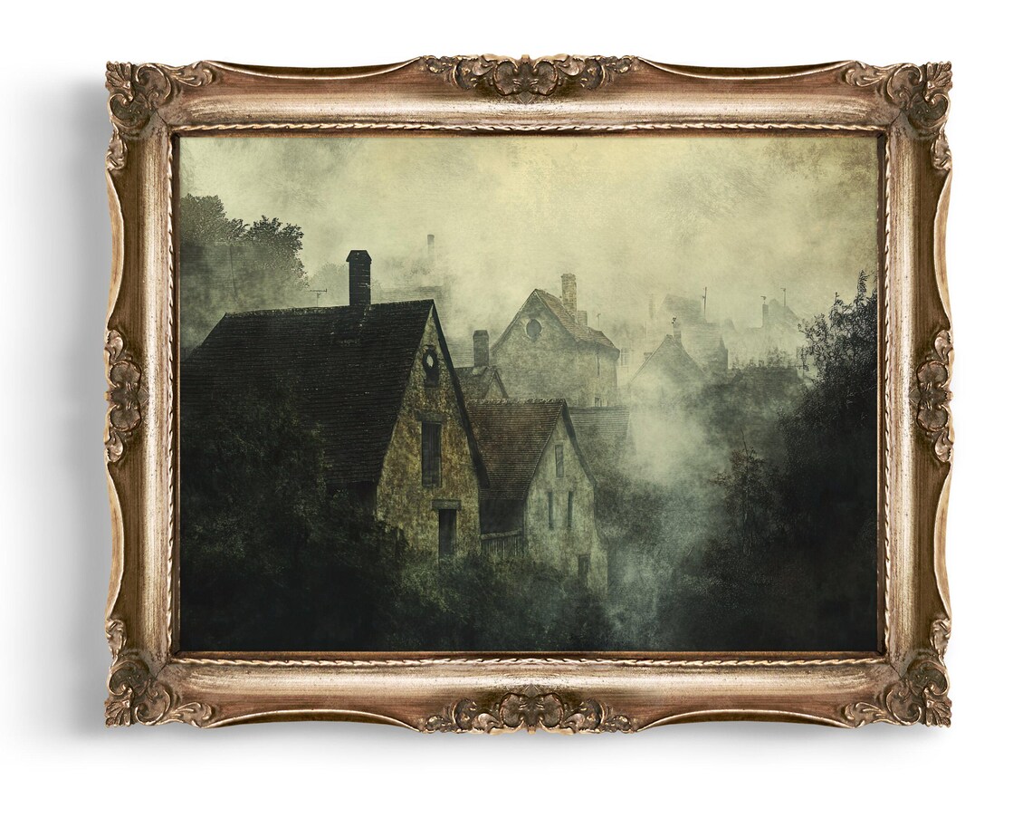 Misty Village Foggy Cottages Vintage Style Landscape Art Poster