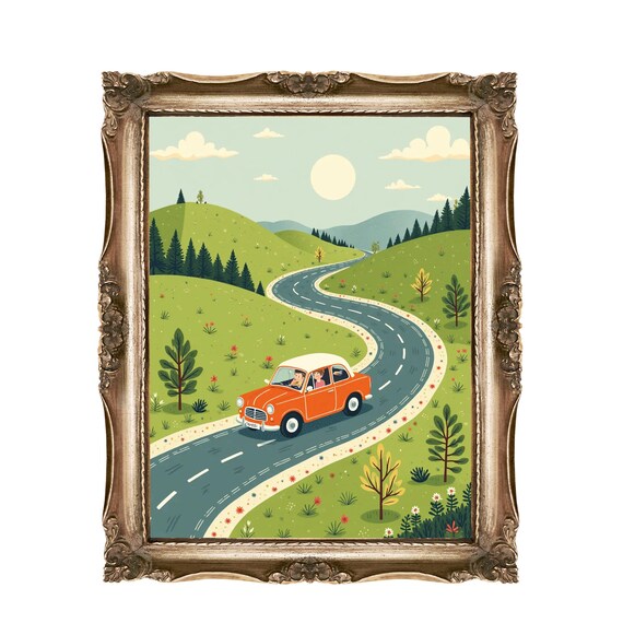 Orange Vintage Car Winding Mountain Road Trip Adventure Wall Art