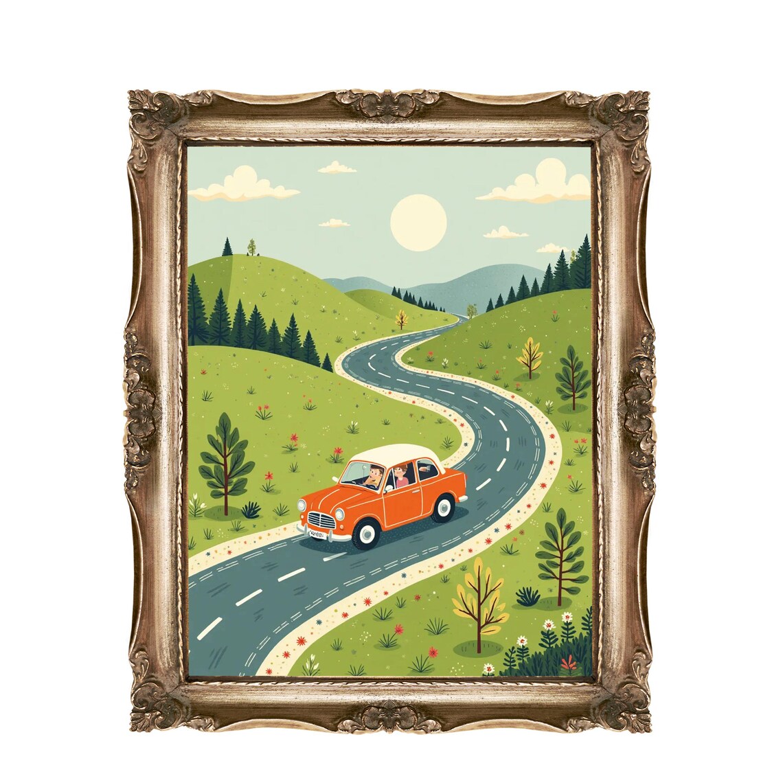 Orange Vintage Car Winding Mountain Road Trip Adventure Wall Art