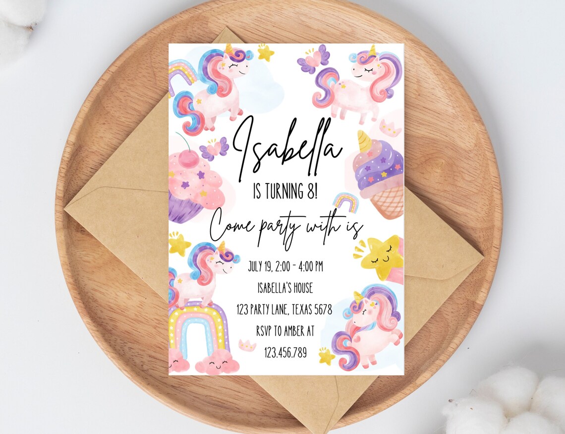 Magical Unicorn Birthday Invitation Rainbow Party Editable Invite Print - Image 3