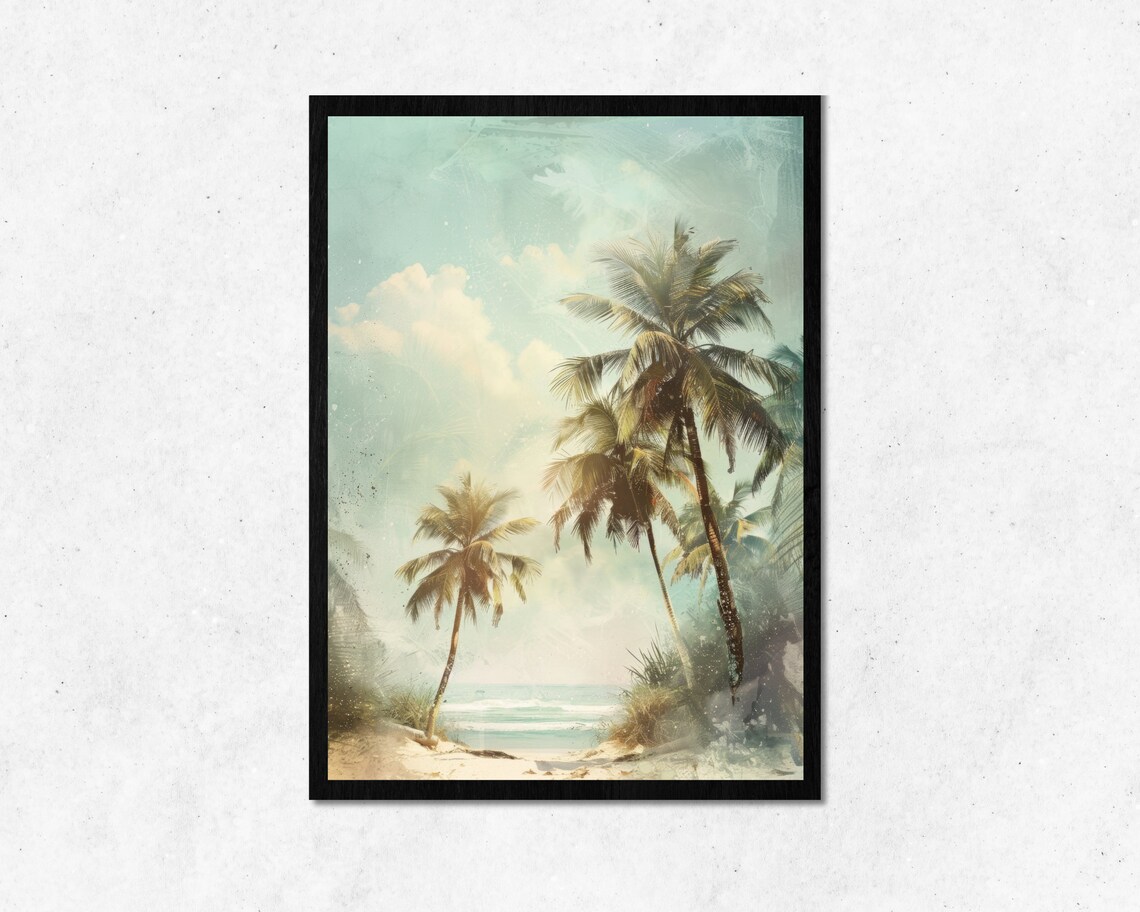 Hot Summer Beach With Palm Tree Wall Art L Ocean Blue Sky Design Room Decoration Frame Use High Resolution