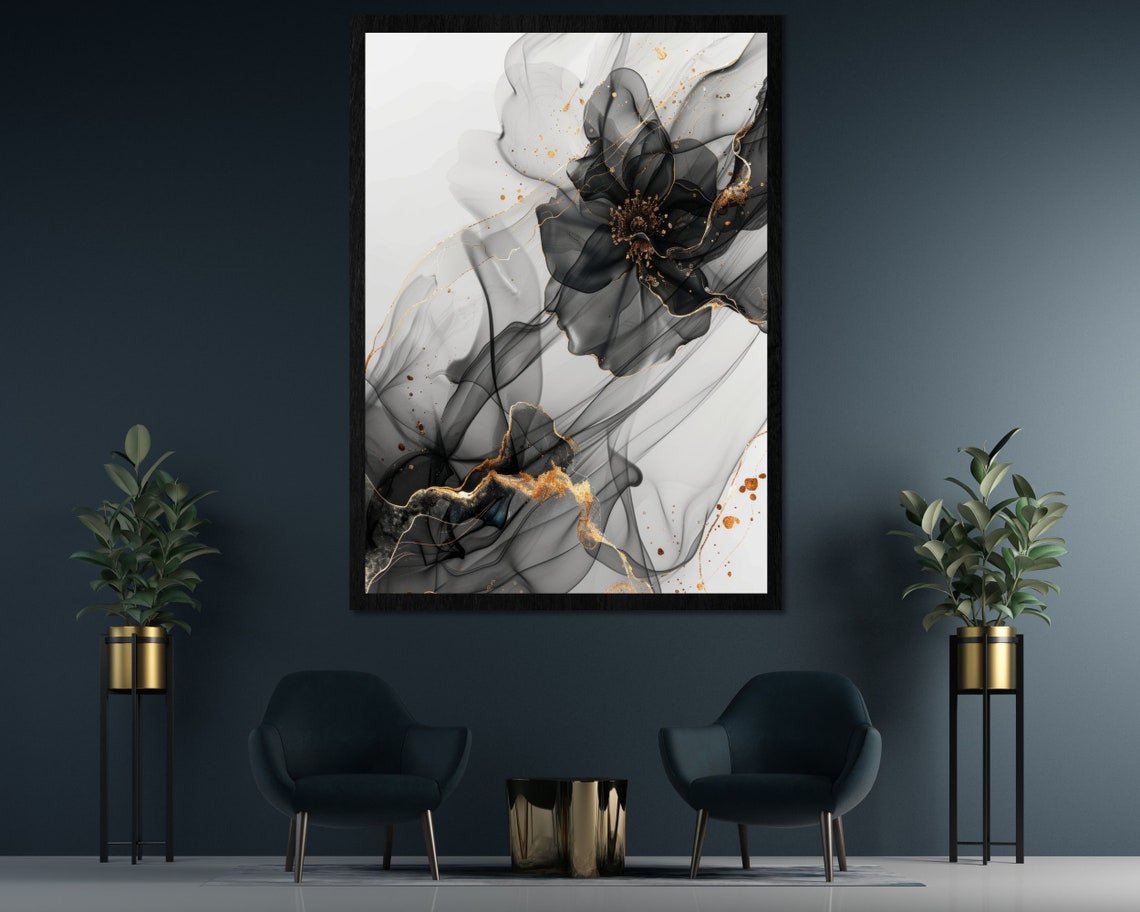 Luxury Black Abstract Flower Fluid Ink With Gold Accent Poster