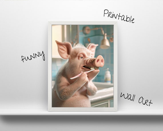 Funny Pig Brushing Teeth Wall Art L Fun Animal Design For Bathroom Decor Cute Image File Home Use