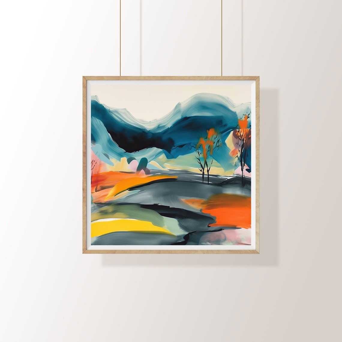 Abstract Teal Mountains Autumn Fields Colorful Landscape Art Poster