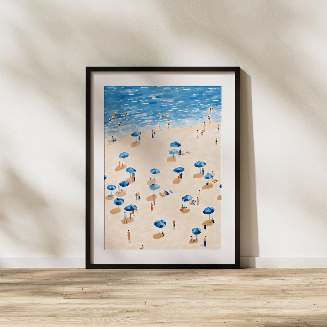 Aerial Beach Scene with Blue Umbrellas and Tiny Swimmers Poster - Image 2