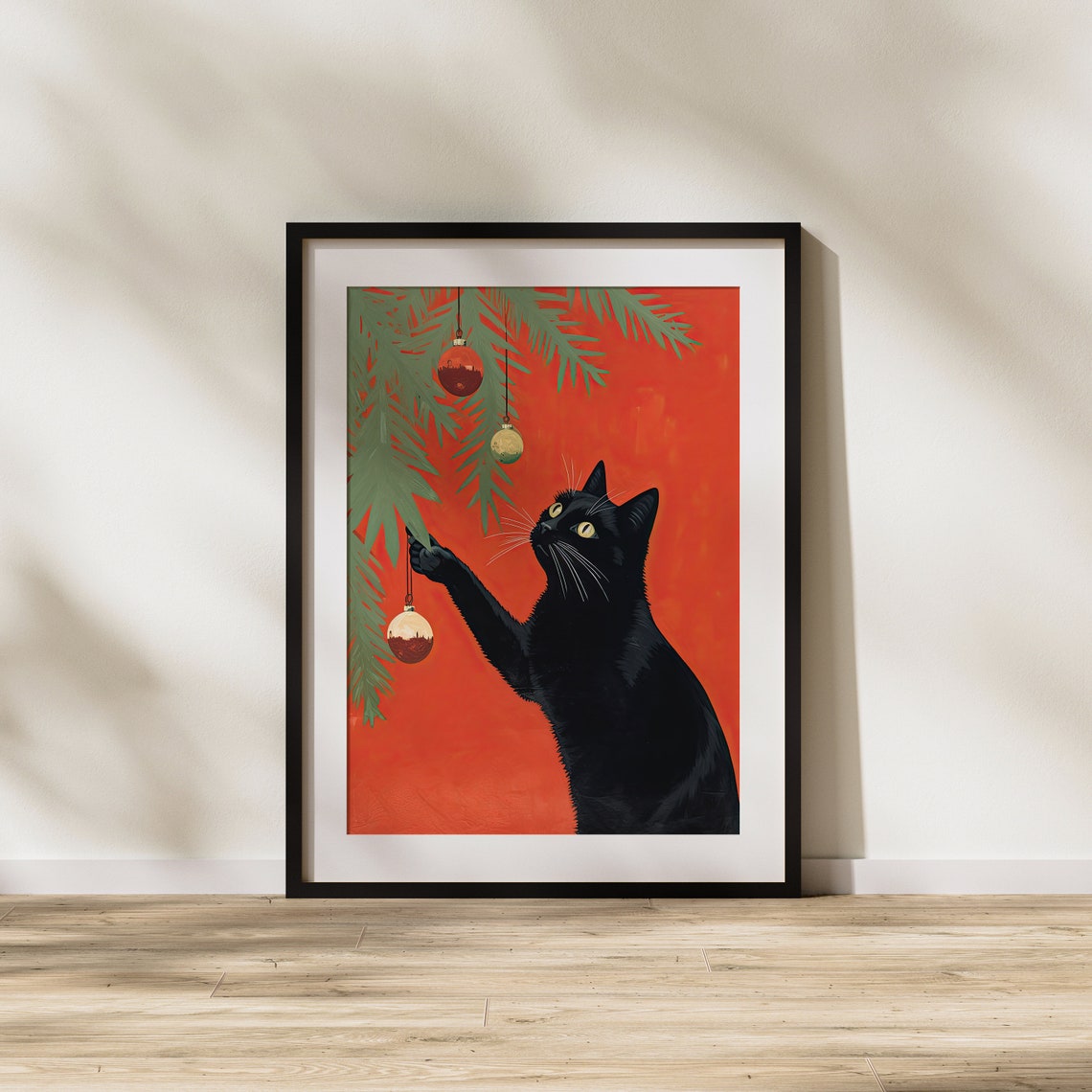 Playful Black Cat Batting Christmas Ornaments On Bold Red Art Poster - Image 2