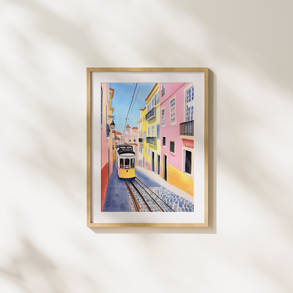 Yellow Lisbon Tram on Steep Colorful European Street Travel Poster