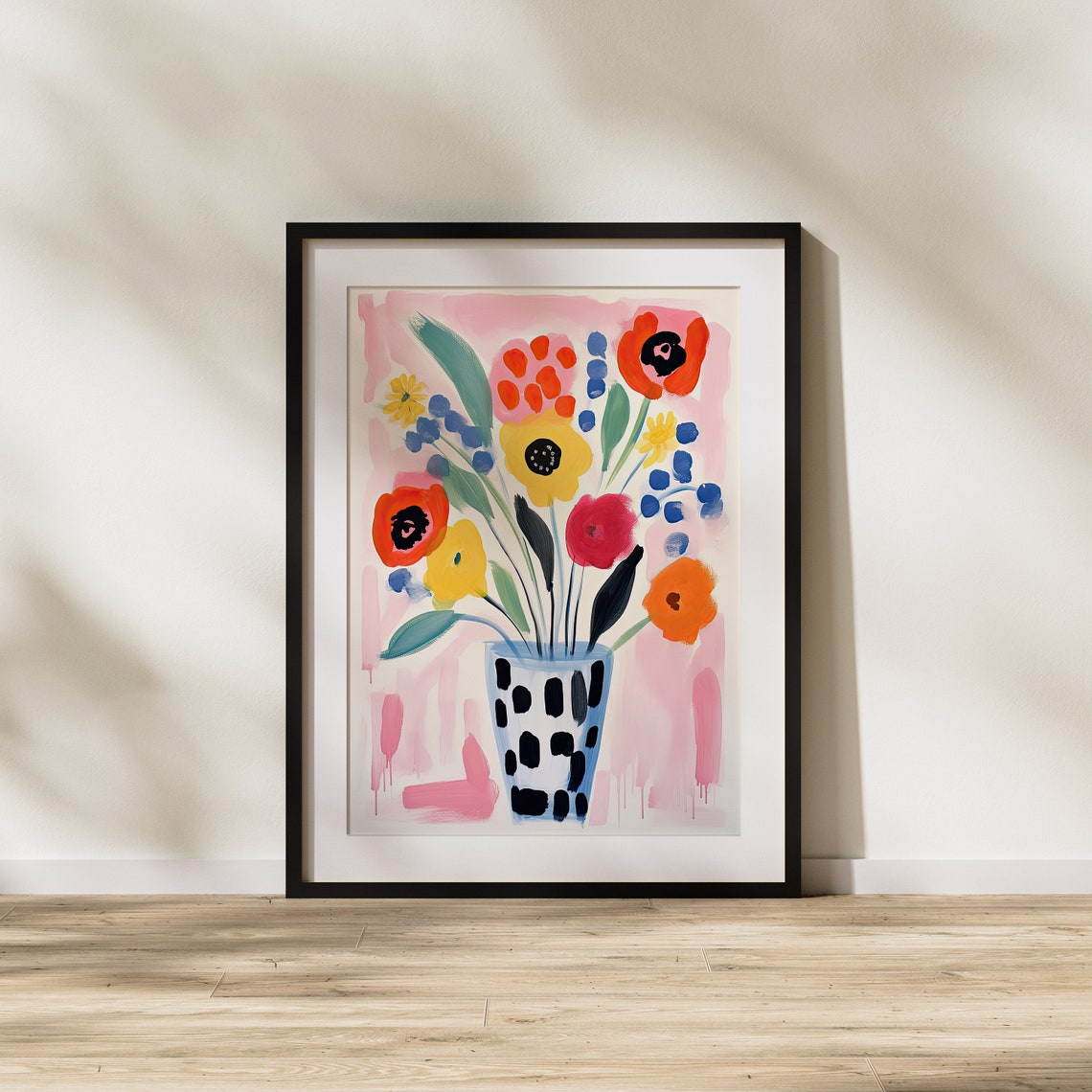 Colorful Poppies Bouquet in Dotted Vase Playful Floral Art Poster - Image 3