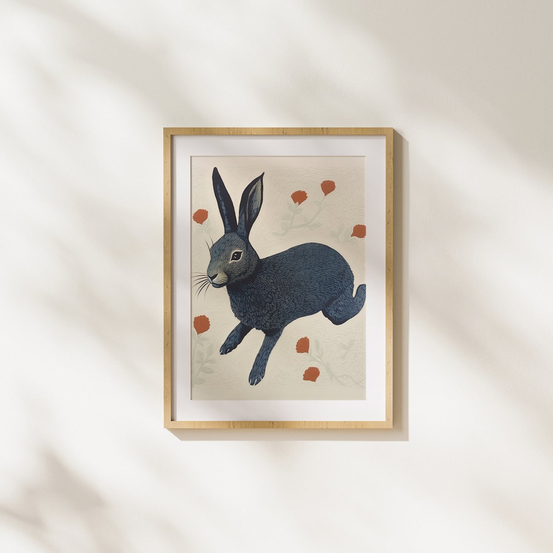 Midnight Blue Hare Woodcut Art Running Rabbit Wildflower Poster