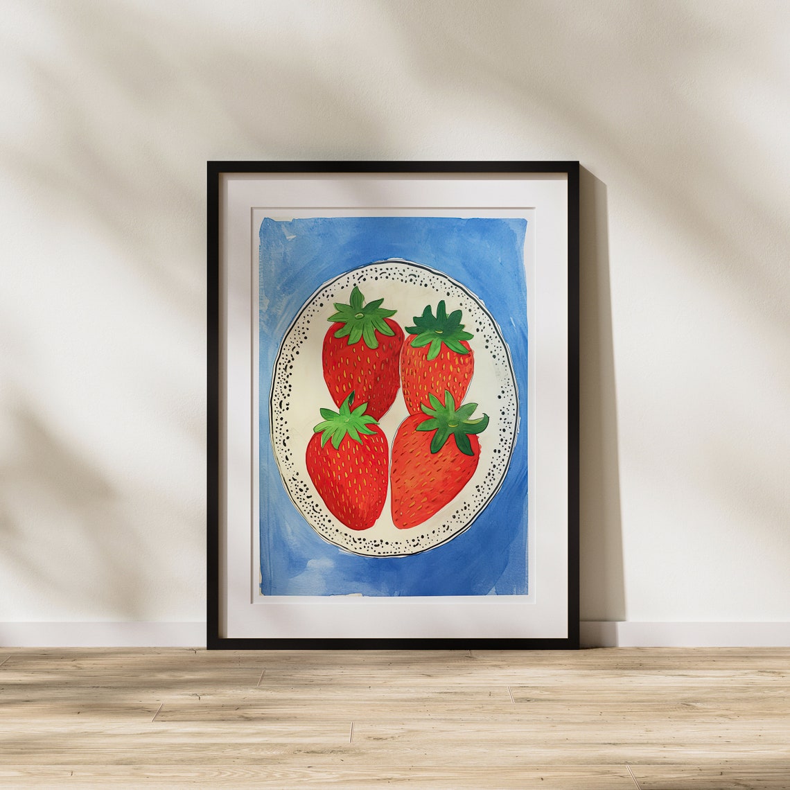 Four Strawberries on Decorative Plate Bright Blue Kitchen Art Poster - Image 3