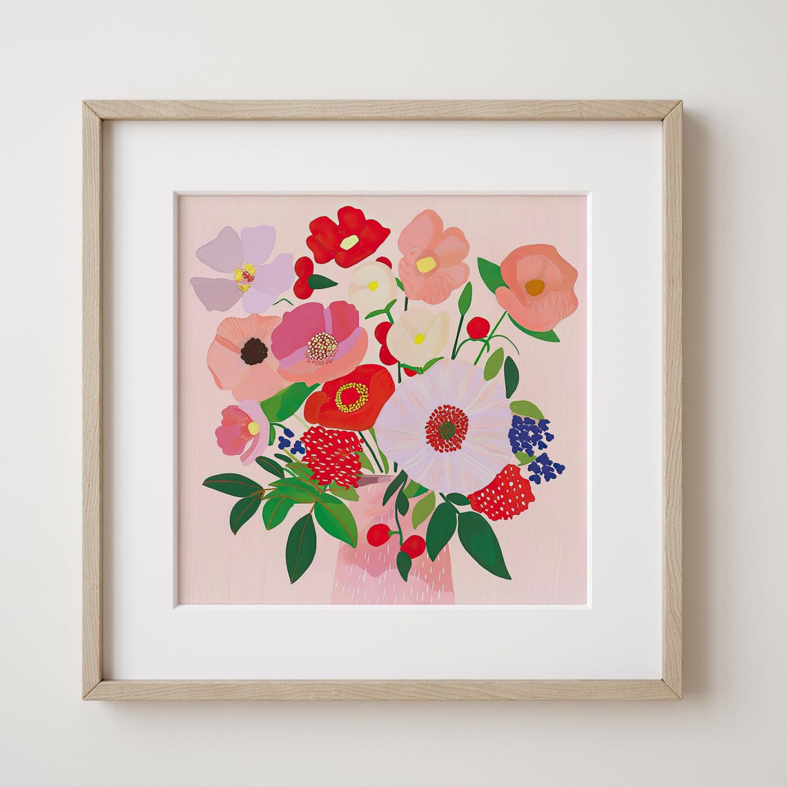 Cheerful Mixed Bouquet In Pink Vase Colorful Floral Gouache Art Poster