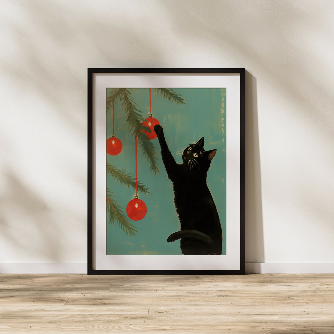 Playful Black Cat Reaching Christmas Ornaments Holiday Tree Poster - Image 2