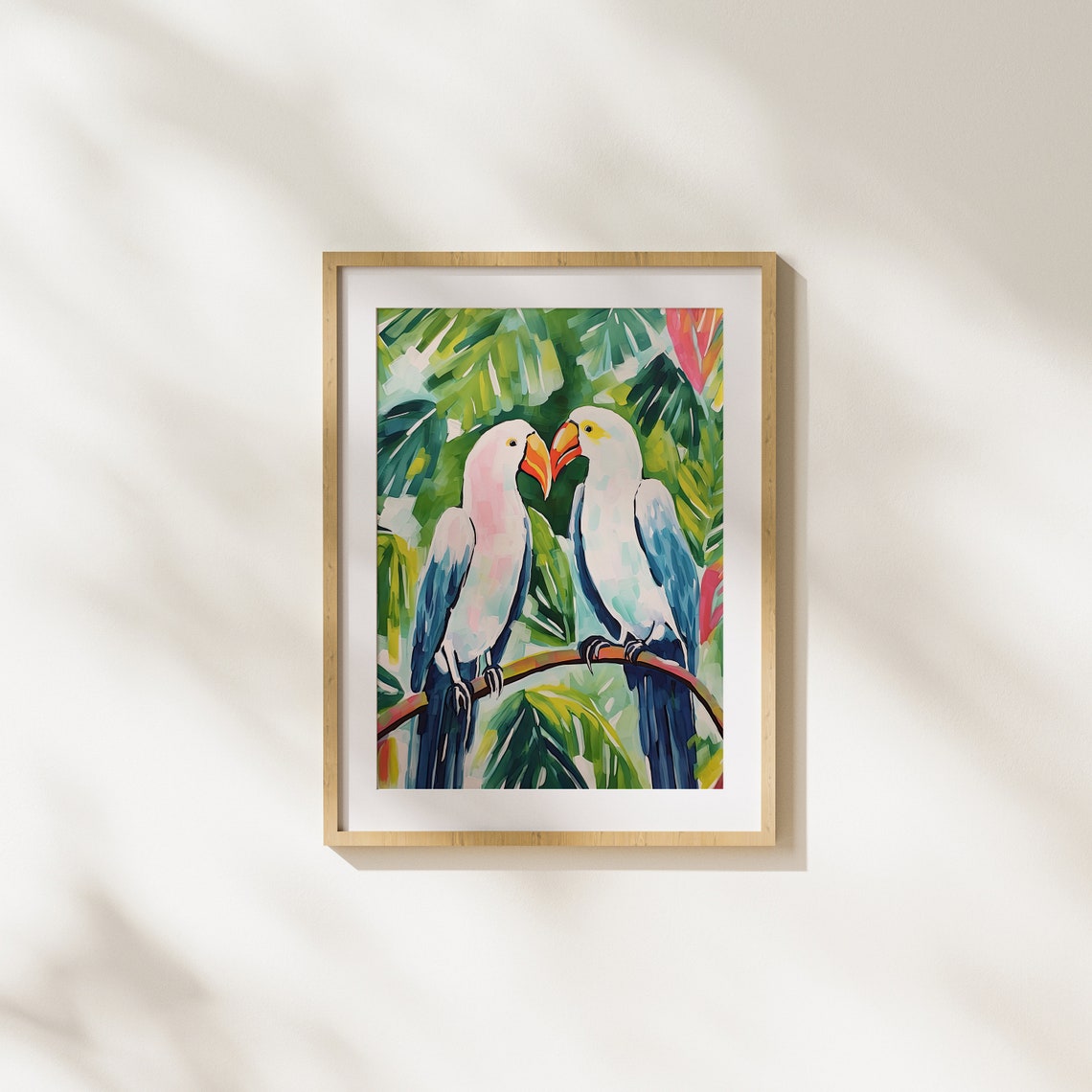 Two White Parrots Perched Together Lush Tropical Jungle Art Poster