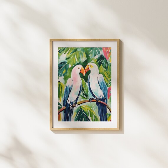 Parrots Animal Colorful Couple Love Tropical Jungle Modern Art Illustration Painting Plants Palm Leaves Unique