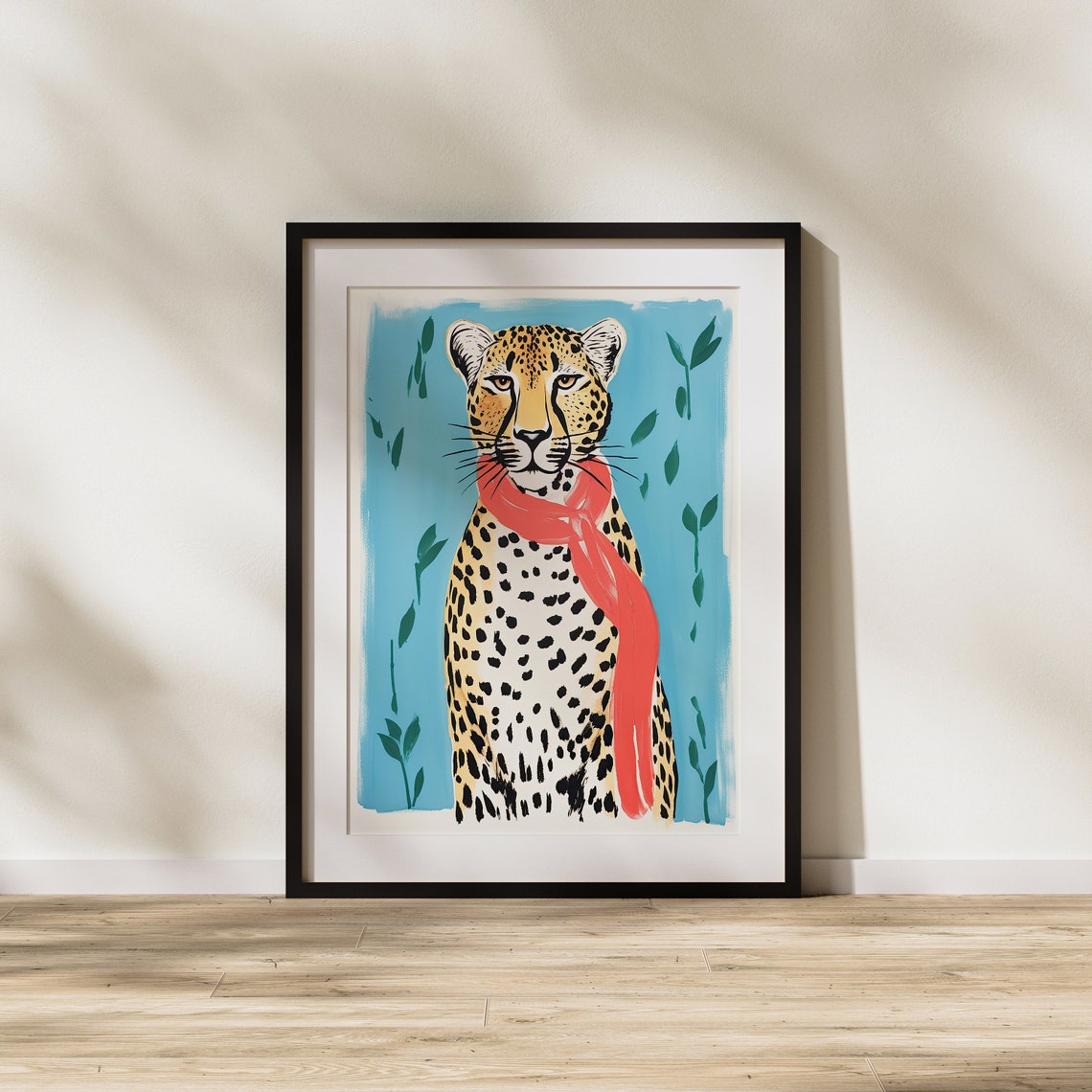 Leopard in Red Scarf Blue Sky Whimsical Wild Animal Art Poster - Image 2