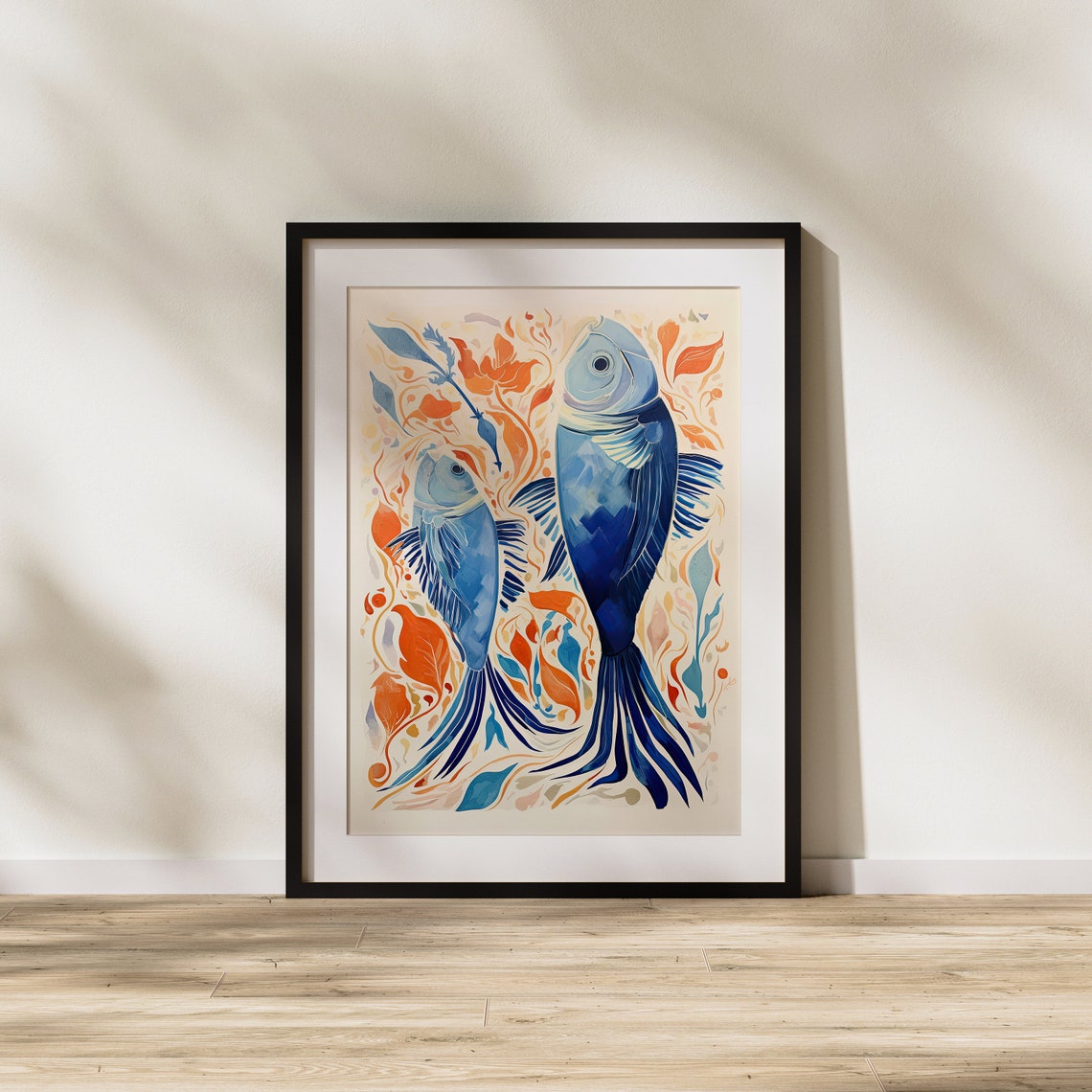Two Deep Blue Fish Swimming In Warm Orange Folk Art Style Poster - Image 2