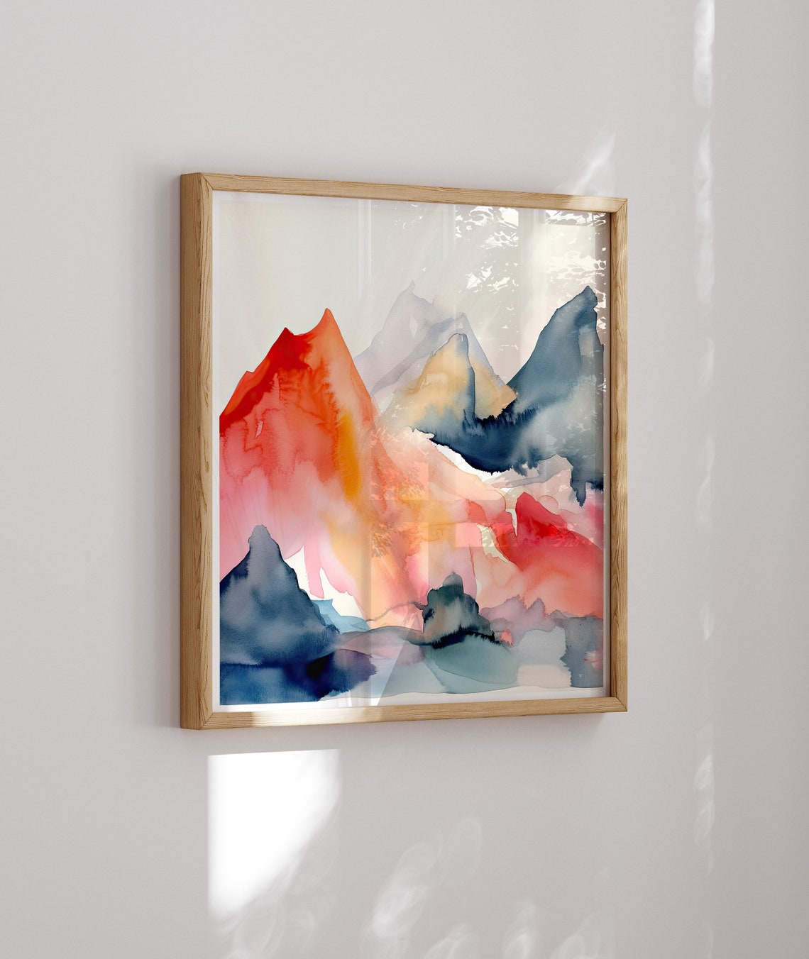 Watercolor Mountain Peaks In Coral Red And Misty Blue Wash Poster - Image 2
