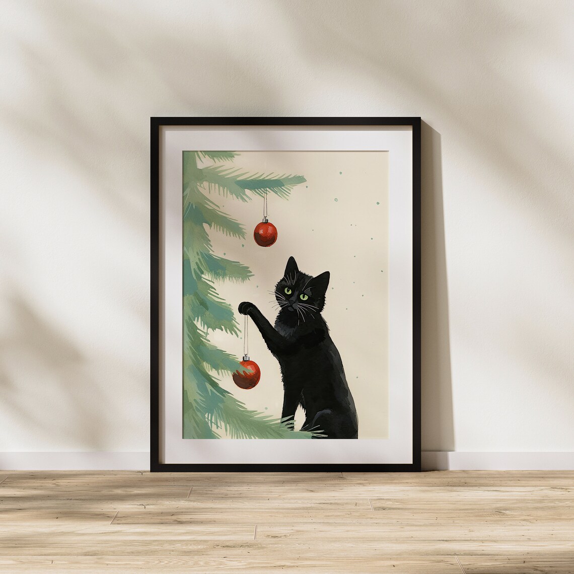 Watercolor Black Cat Playing With Red Ornaments Cream Background Poster - Image 2