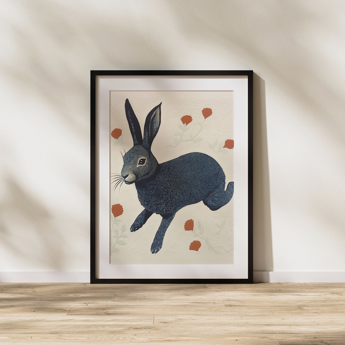 Midnight Blue Hare Woodcut Art Running Rabbit Wildflower Poster - Image 2