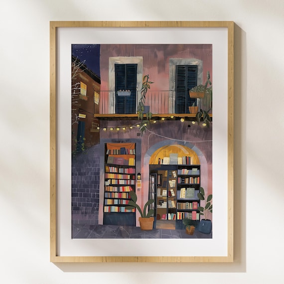 Charming Night Bookshop With Glowing String Lights And Shutters Poster
