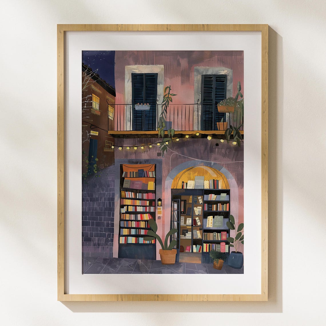 Charming Night Bookshop With Glowing String Lights And Shutters Poster