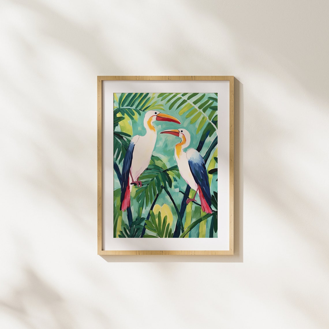 Two Hornbills in Lush Jungle Leaves Tropical Exotic Bird Poster