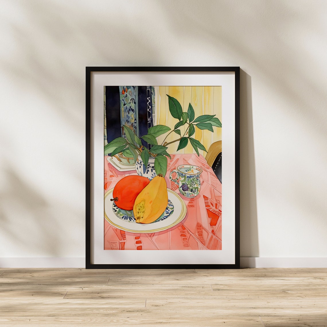 Watercolor Still Life Ripe Fruit Tea Cup On Pink Tablecloth Poster - Image 2