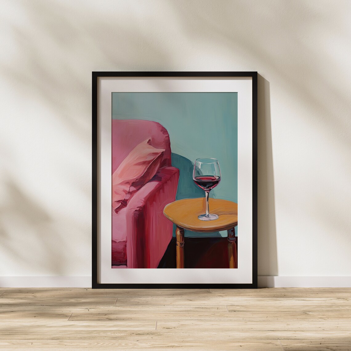Evening Red Wine Glass on Side Table by Pink Armchair Poster - Image 2