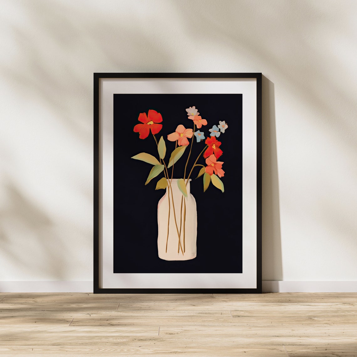 Red Blooms in White Vase on Black Modern Floral Still Life Poster - Image 3