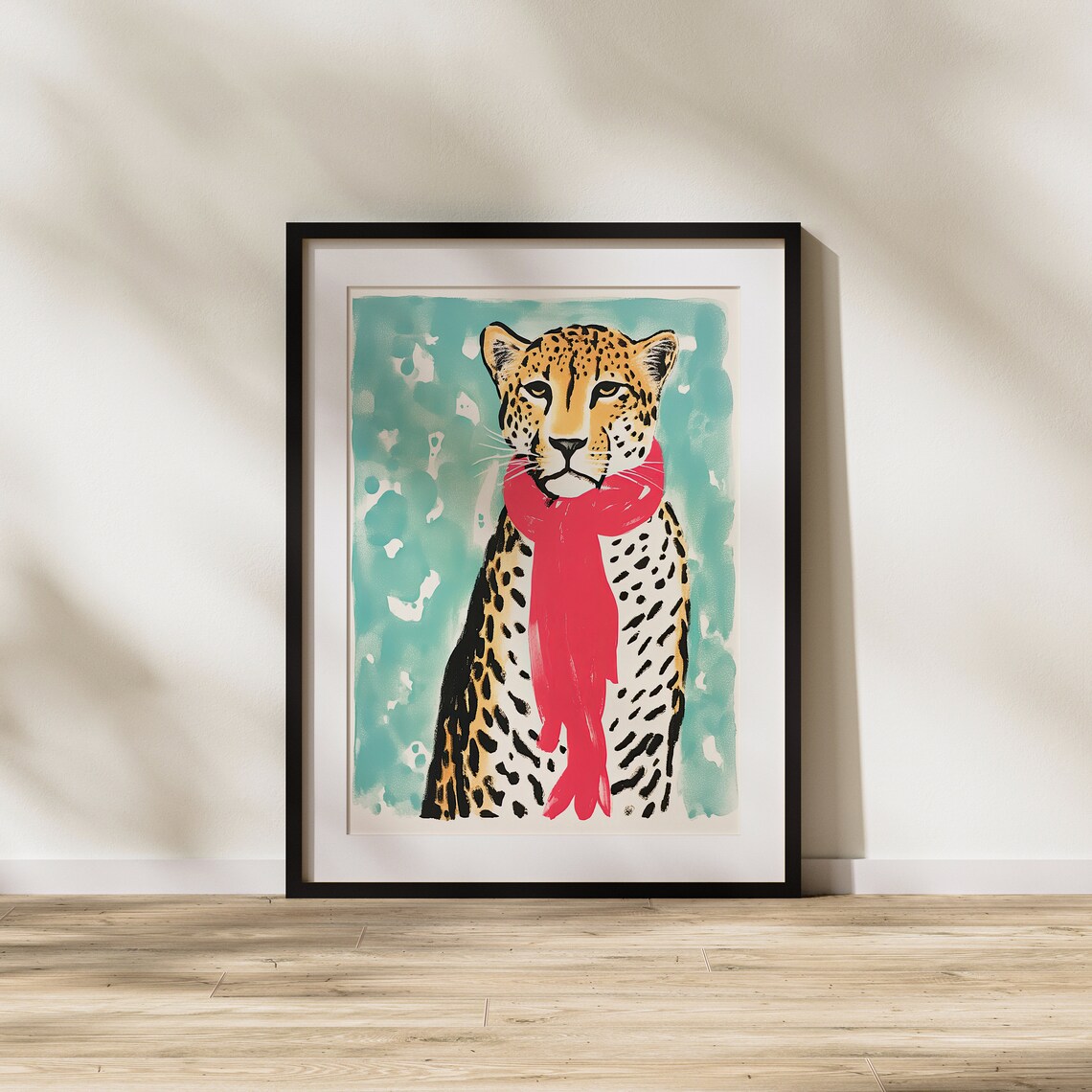 Leopard Wearing Red Scarf on Mint Green Whimsical Animal Art Poster - Image 3
