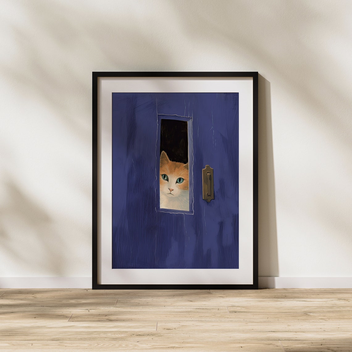 Curious Orange Tabby Cat Peeking Through Deep Blue Door Poster - Image 2
