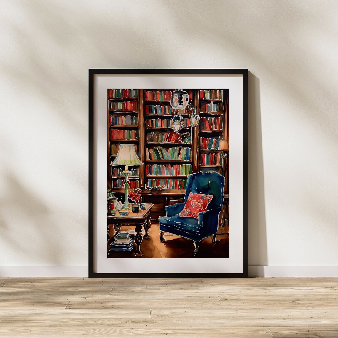 Cozy Old Library With Blue Armchair And Floor To Ceiling Books Art Poster - Image 2