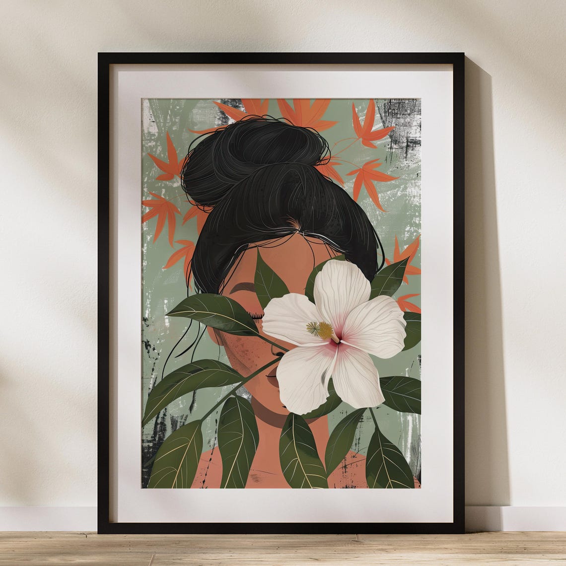Woman with White Hibiscus Flower Tropical Botanical Portrait Poster - Image 2